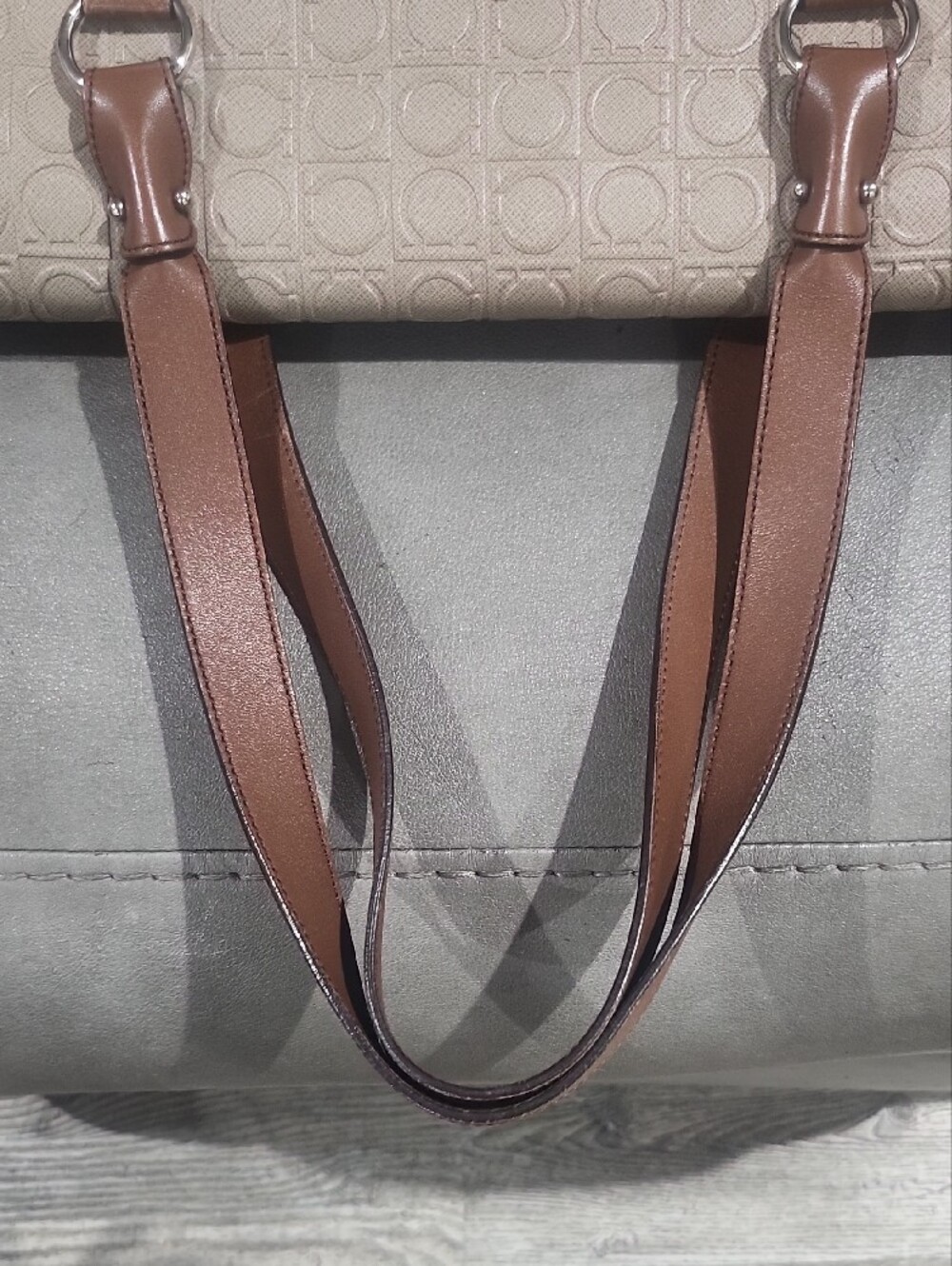 Salvatore Ferragamo Beige Monogram Satchel with Brown Leather Trim - Picture 7 of 10